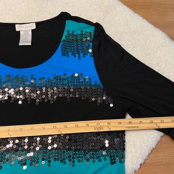 Great Cavalier Blue Black Sequined Scoop Neck Long Sleeve Viscose Spandex Top XL - Picture 11 of 12